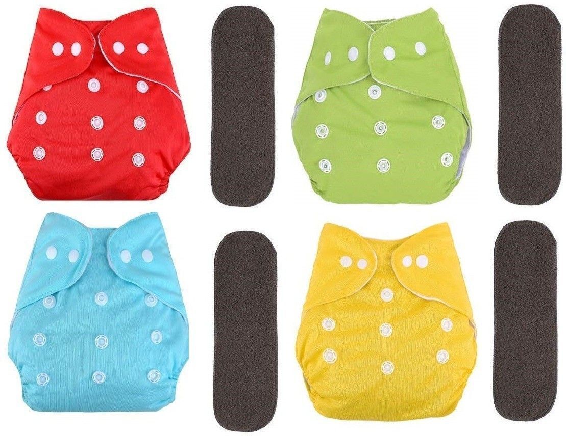 shukan Baby's All in One Washable Reusable Adjustable 4 Cloth Diapers & 4 Black Inserts-picture-47
