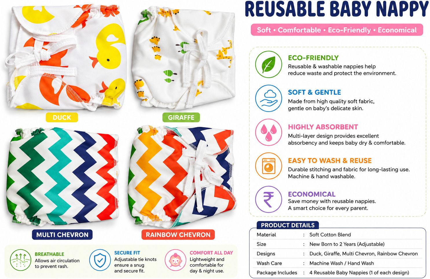 zrs traders present New Born Washable Reusable Diapers/Nappy0-6Months(Multicolor)Pack of 4-picture-28