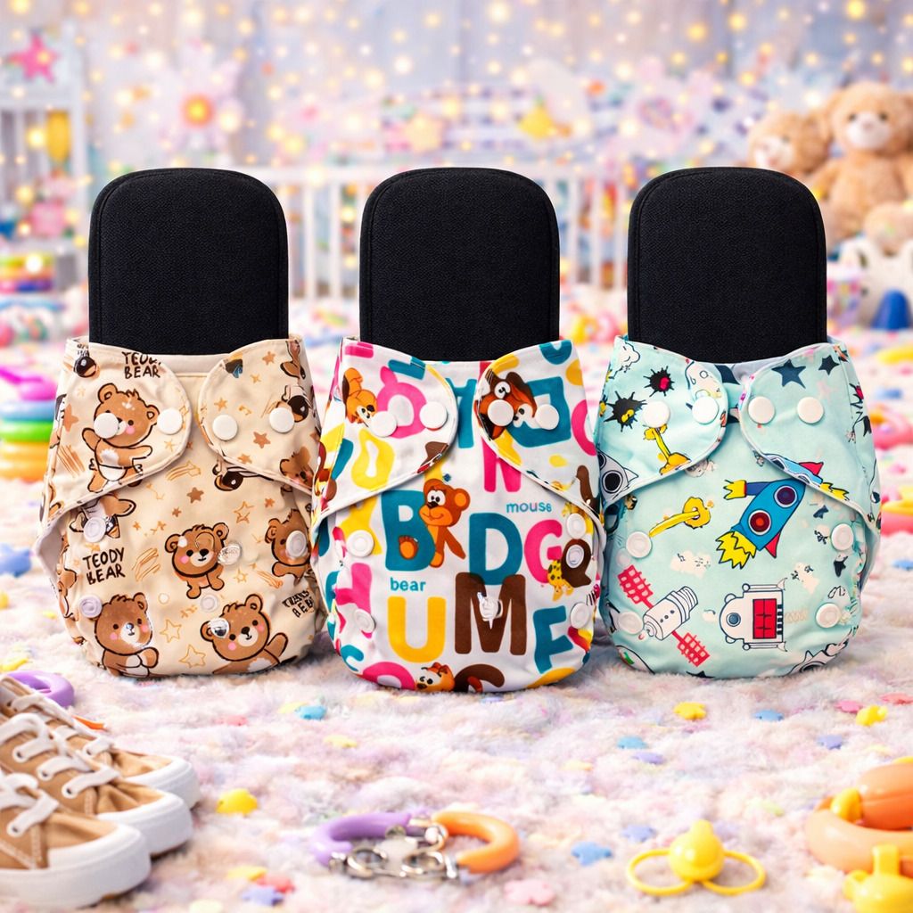 Reusable Baby Printed 3 Cloth Diapers For 0 to 3 Years With 3 Black Insert Pad-image-32