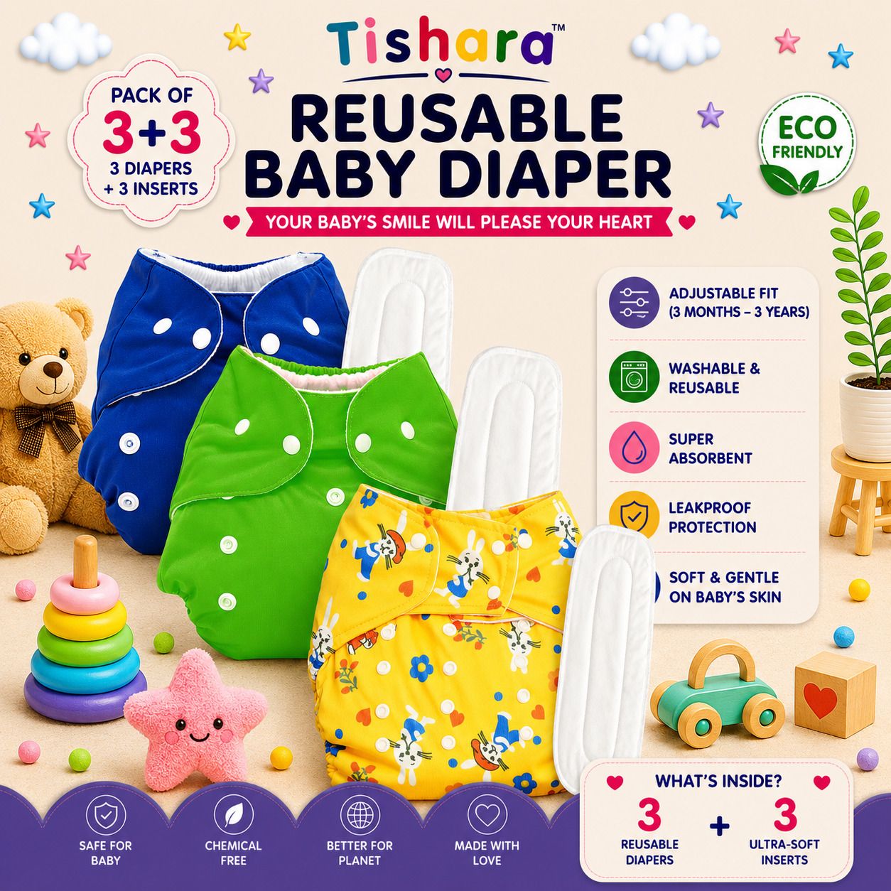 tishara Printed Baby Diaper | Adjustable Snap Diaper 3M-3Y-picture-14