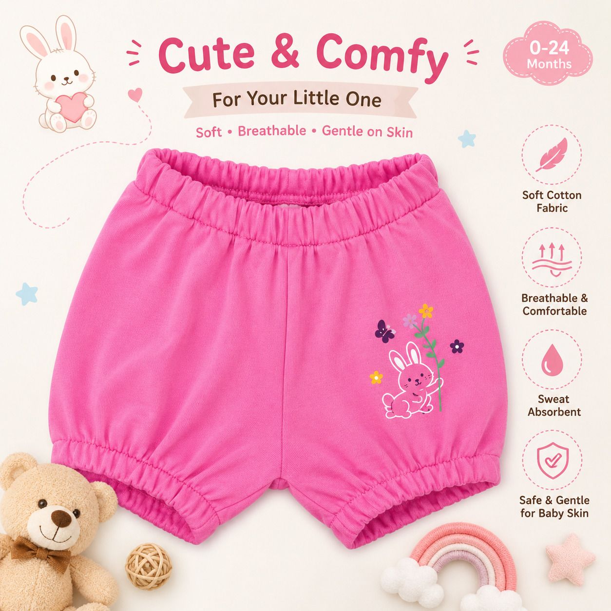 Baby Girls Solid Cotton Bloomer Shorts with Elastic Waist – Pink-image-4
