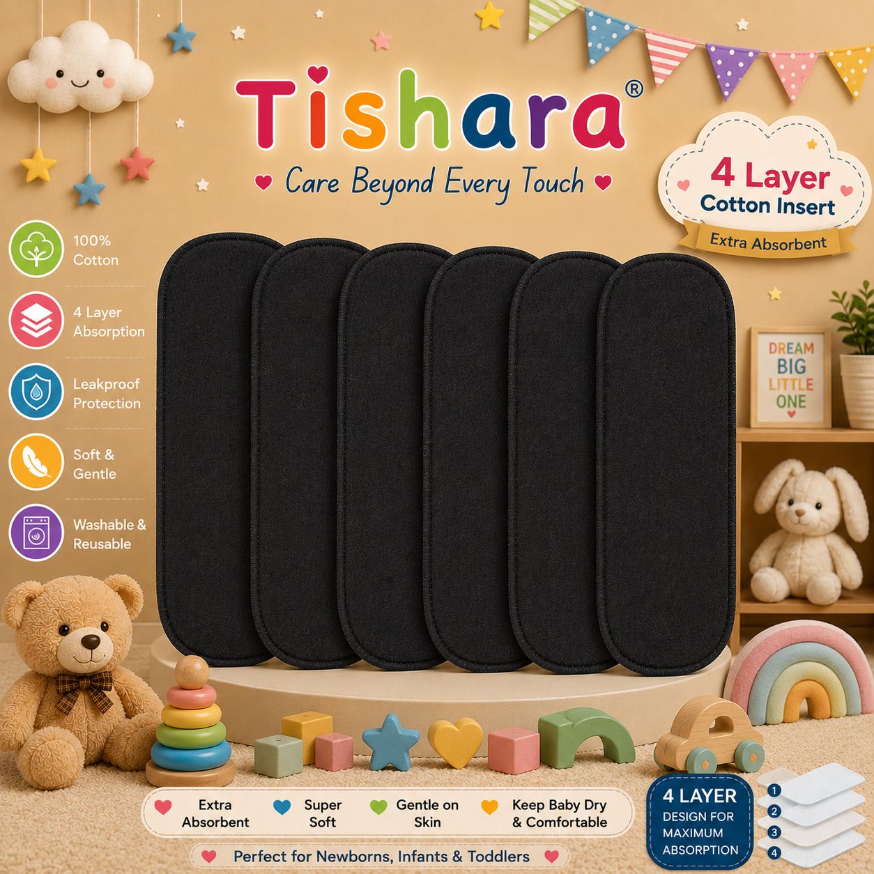 (set of 6) premium 5 layers bamboo fibre charcoal reusable diaper inserts