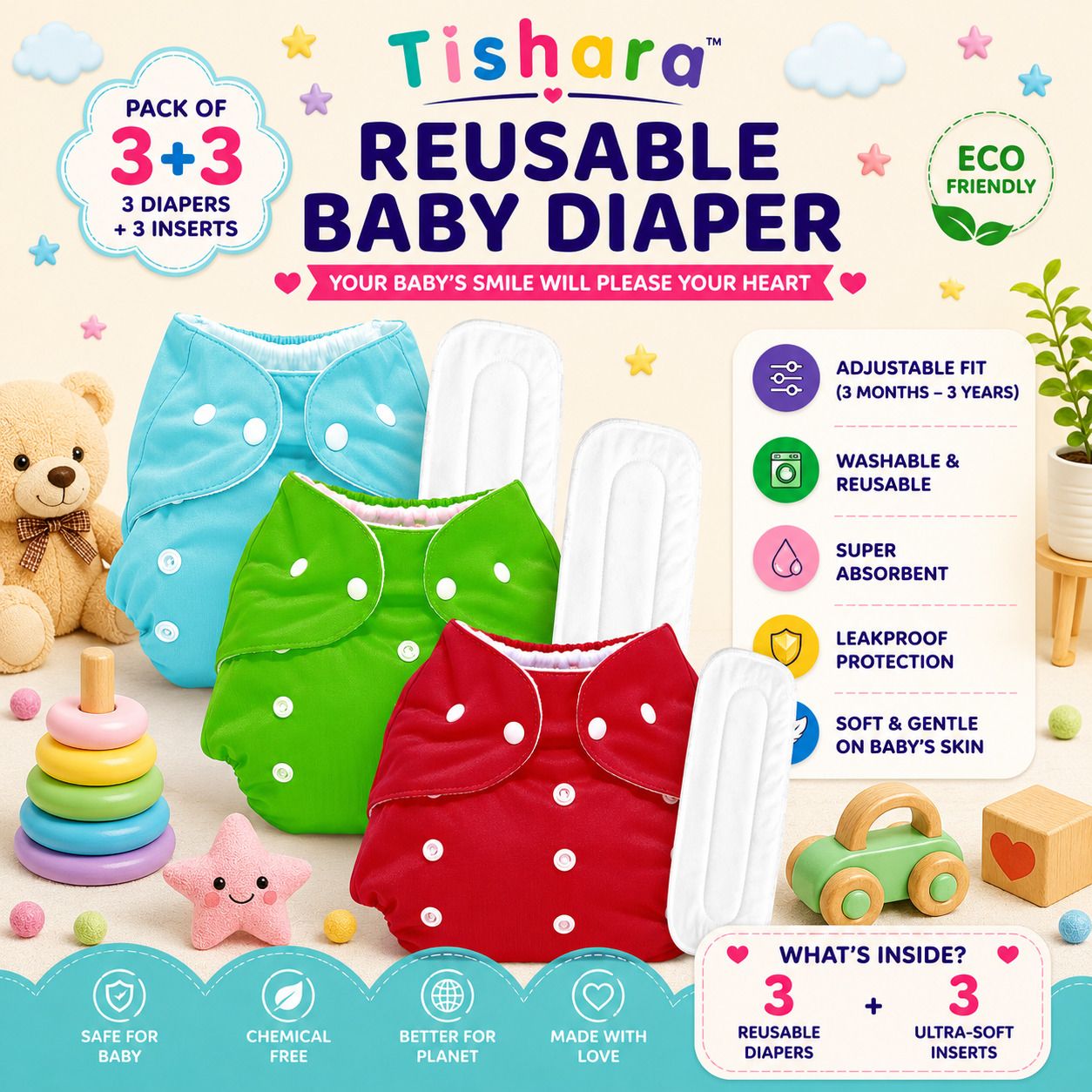 Printed Baby Diaper | Adjustable Snap Diaper 3M-3Y-image-48