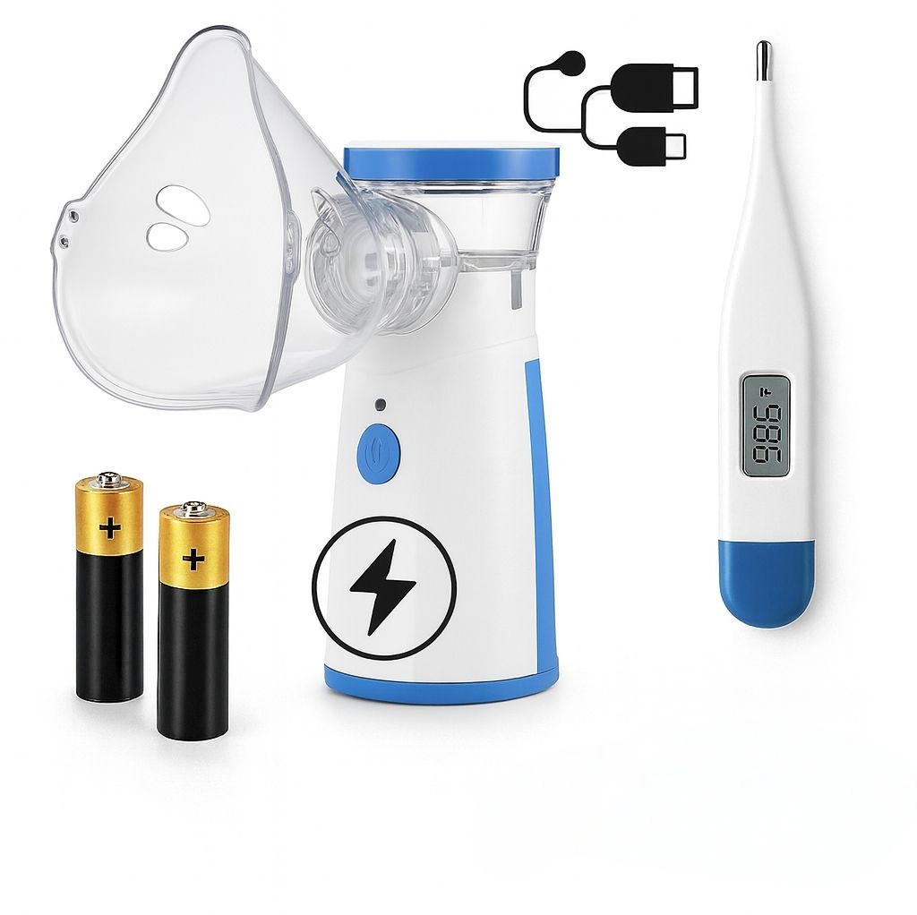 Aman Med Portable Mesh Nebulizer with Digital Thermometer for Adults & Kids Rechargeable Nebulizer