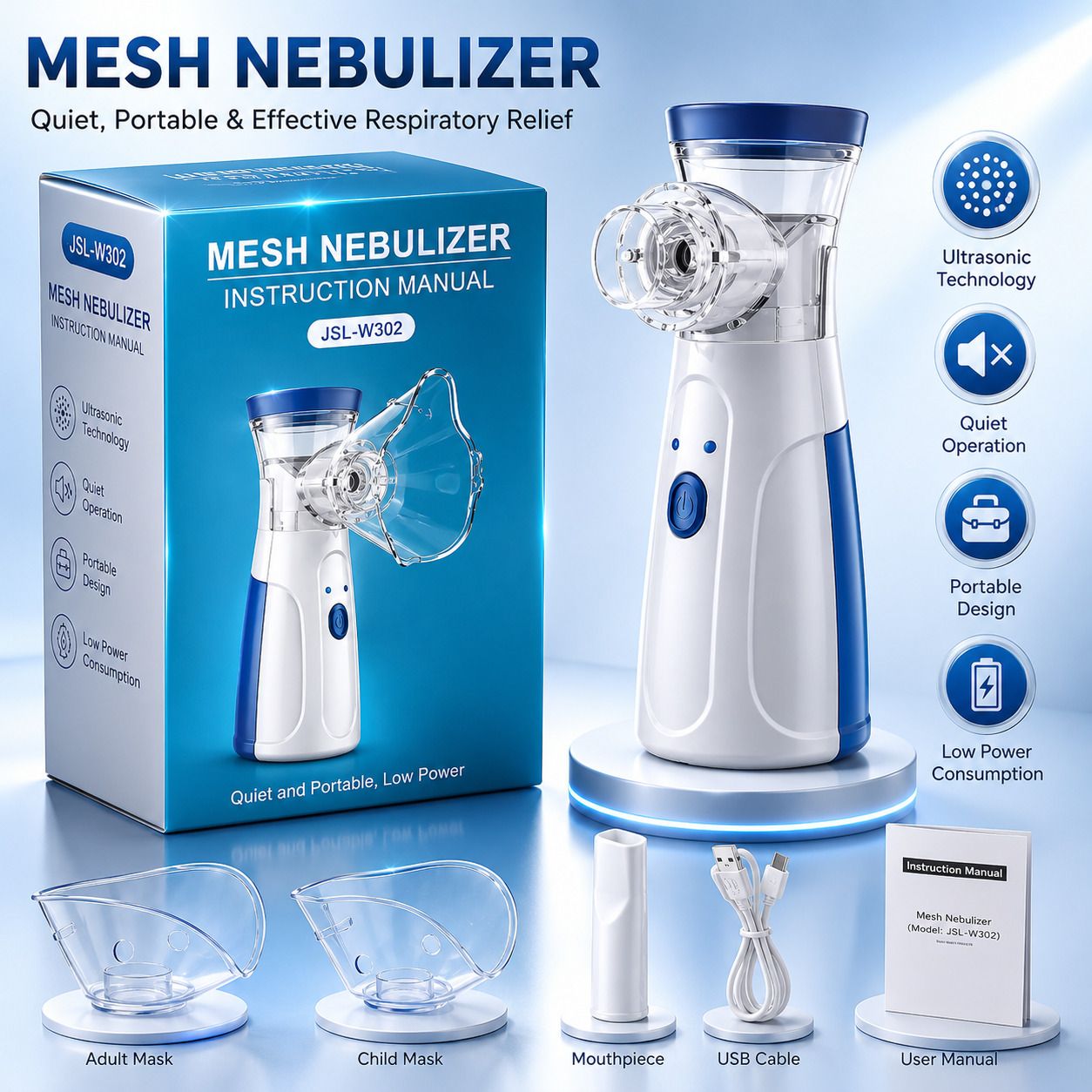 RCSP Mesh Nebulizer Machine, Quiet Ultrasonic Technology Adult and Kids Masks Nebulizer-image-43