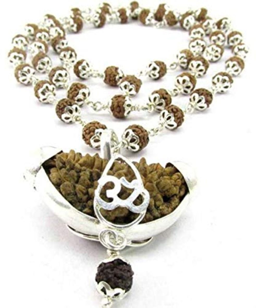 1 Mukhi + 5 Mukhi Rudraksha Silver Cap Mala(54+1 Beads) Silver Plated Rudraksha Chain-image-16