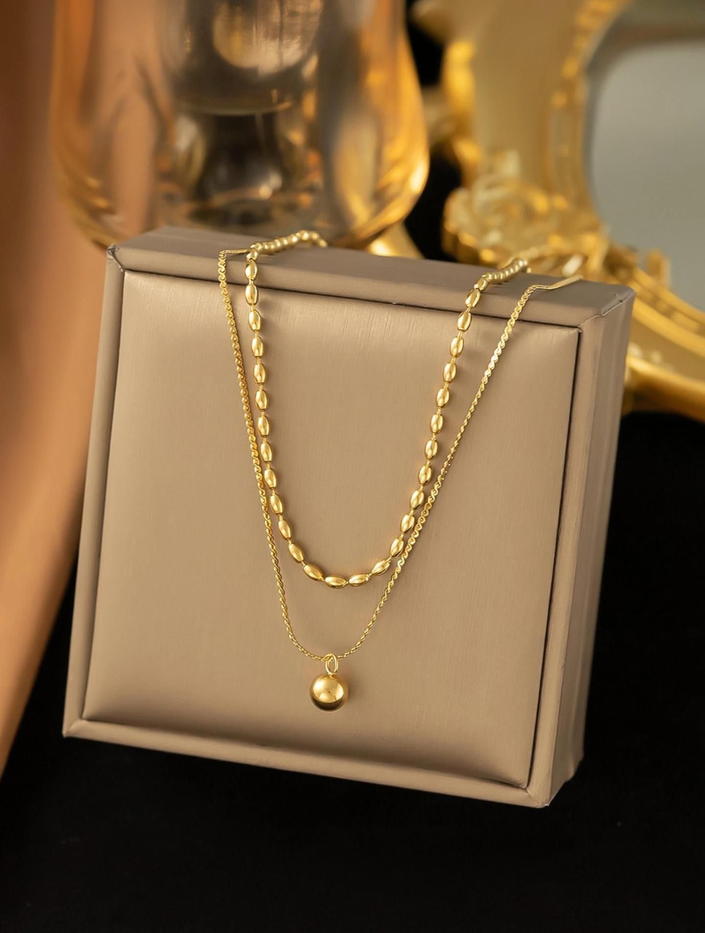 Anti-Tarnish Stainless Steel Gold Plated Double Layer Necklace with Bead Charm Gold-plated Plated Stainless Steel Necklace-image-4