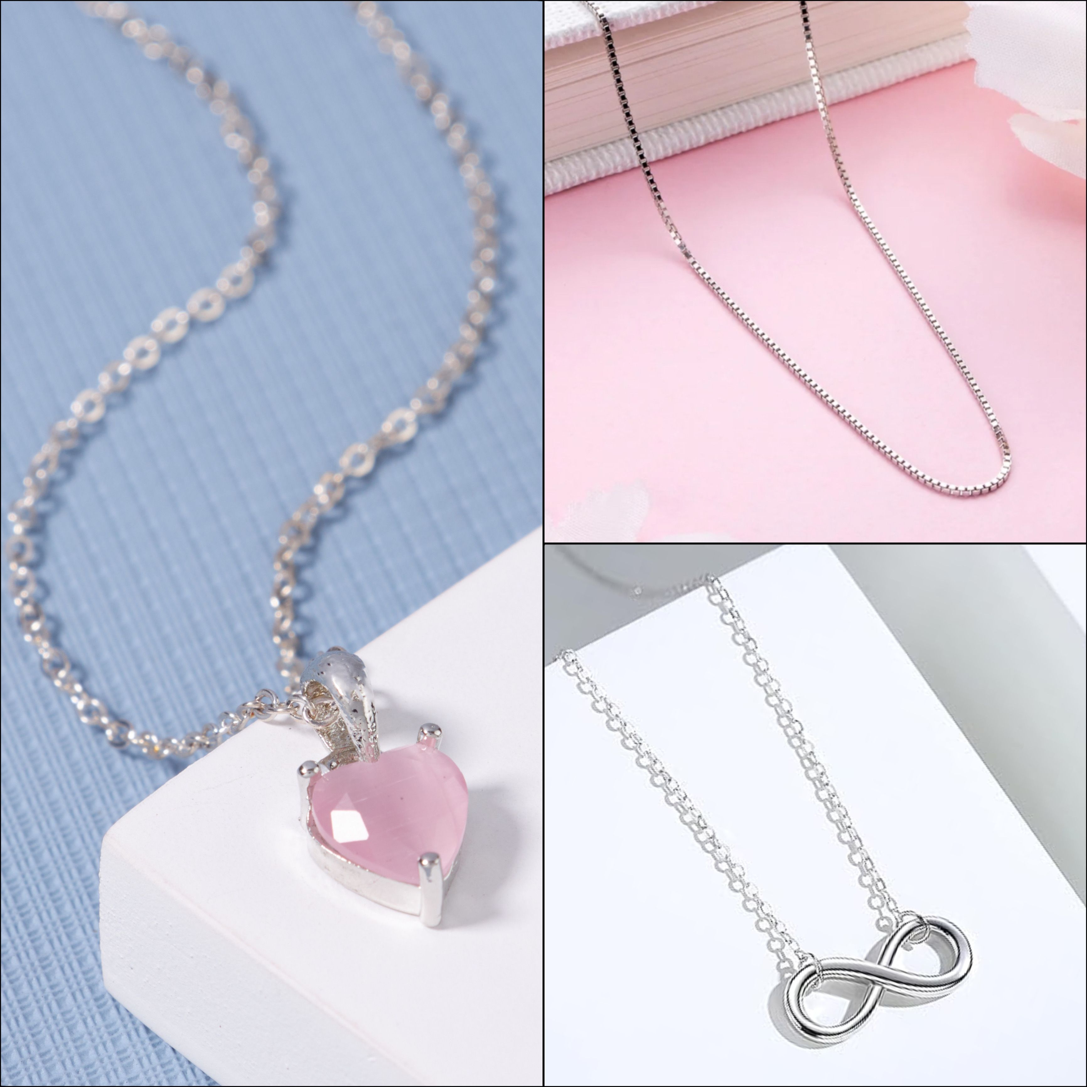 BOGHRA SALES Combo Of 3 Necklace Chain With Pendant For Girls And Womens Cubic Zirconia, Diamond Silver, Rhodium, Sterling Silver Plated Silver, Alloy Chain