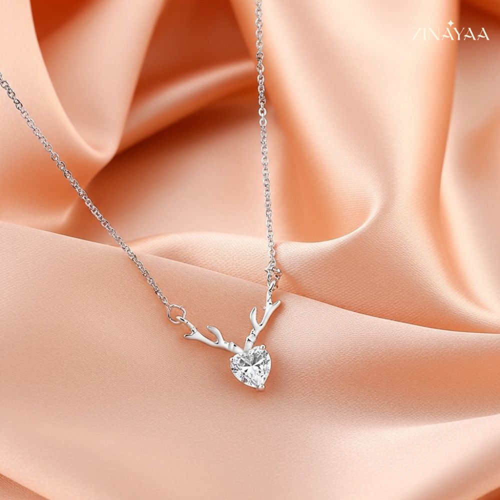 925 Sterling Silver Antler Heart Adjustable Pendant Necklace Cubic Zirconia Rhodium Plated Sterling Silver Chain Set-image-17