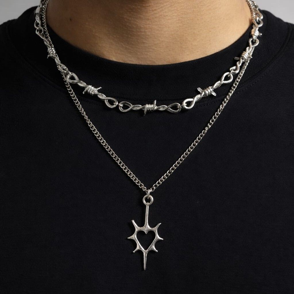 Chrome necklace Gothic Punk Silver Plated Layer Necklace Barbed Wire Chain Silver Plated Alloy Necklace-image-21
