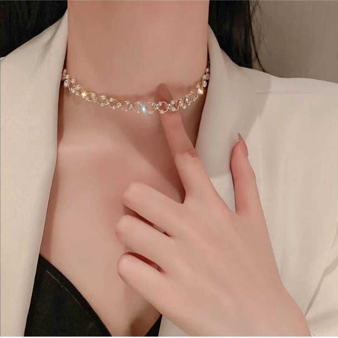 Korean Western CZ Stone Choker Necklace Cubic Zirconia Gold-plated Plated Stainless Steel Choker