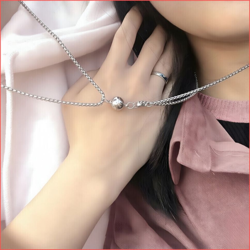 Magnetic Charm Matching Silver Ball Promise Couple Necklaces Silver Plated Alloy Necklace-image-4
