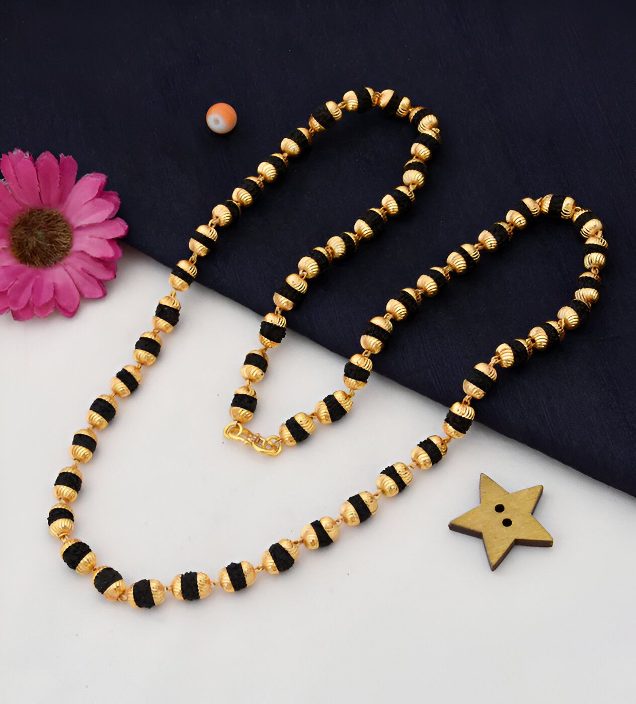 7mm Natural Black Rudraksha Mala with 1 Gram Gold Plated Cap Gold-plated Plated Brass, Rudraksha Chain