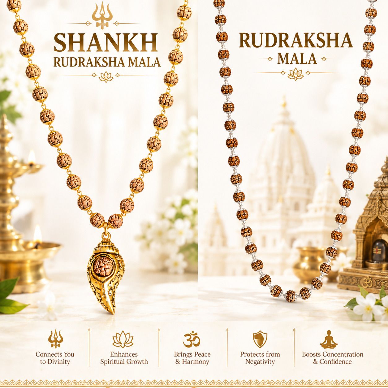 vritti Shankh Rudraksha Mala & Rudraksha Mala Combo for Men & Women Beads Silver Plated Rudraksha Necklace Set-picture-6