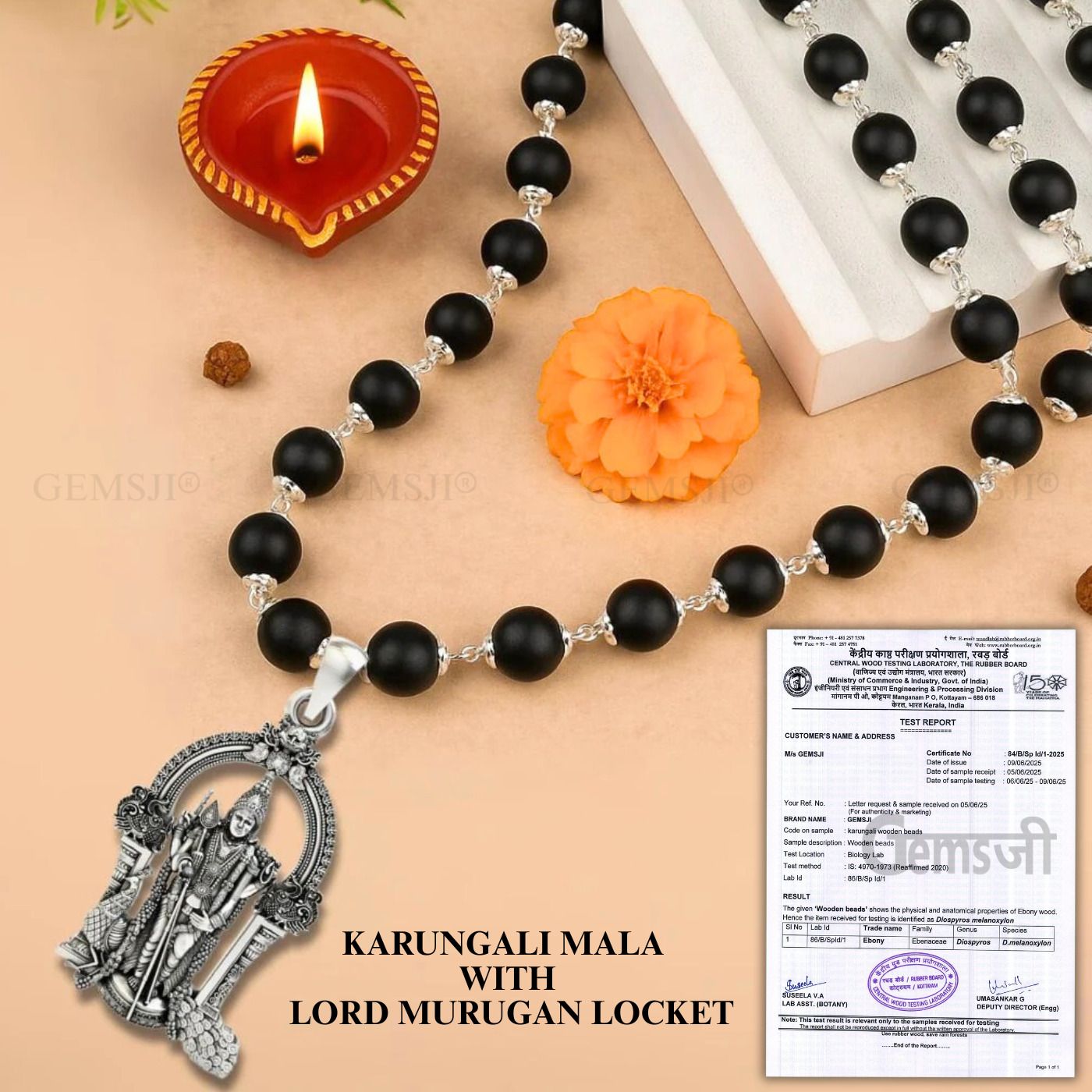 gemsji Original Karungali Mala With Murugan Pendant | Certified Ebony Beads South Malai Wood Chain-picture-19