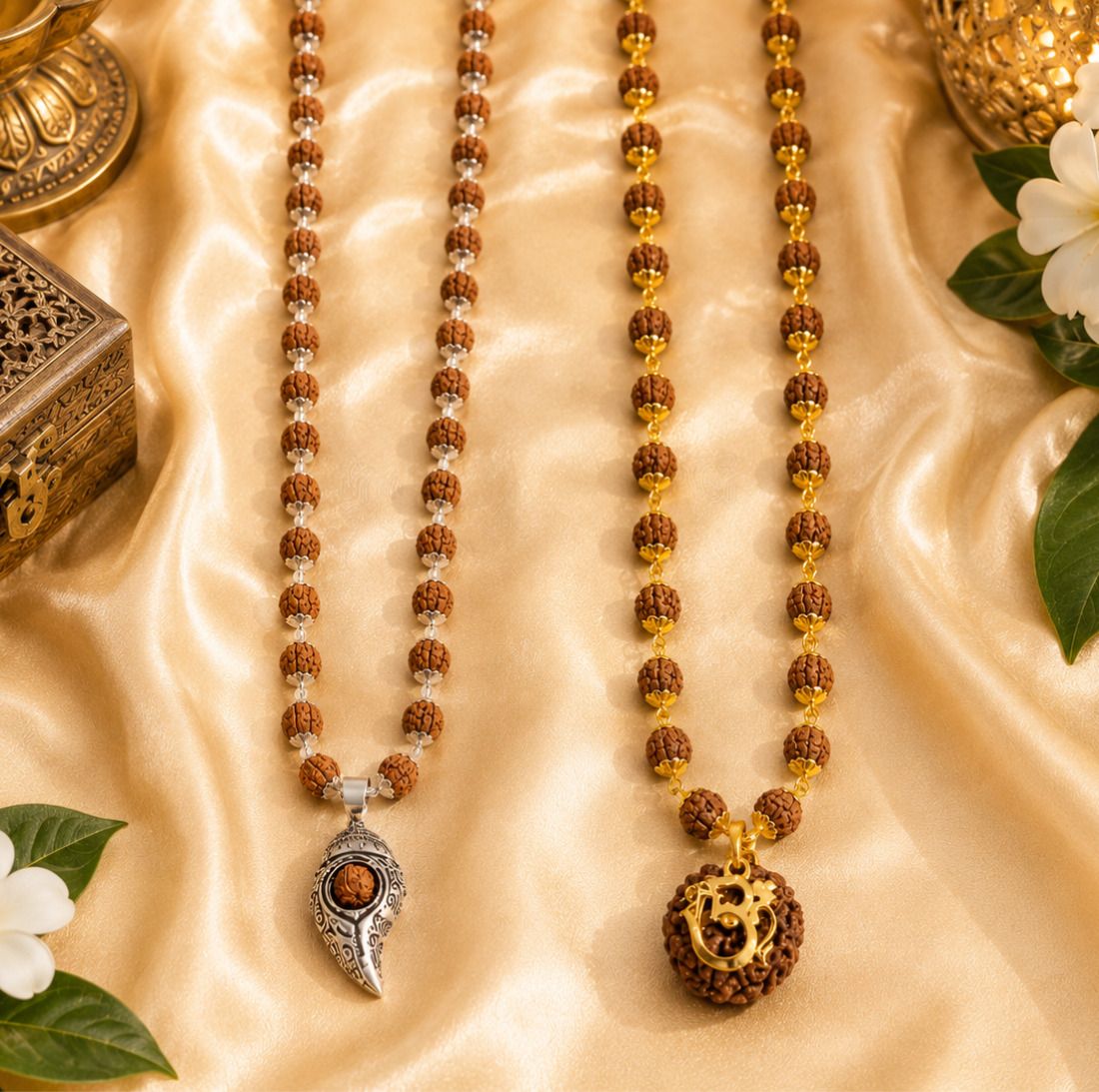 Shankh Pendant & OM Shree Rudraksha Mala Spiritual Jewellery Beads Silver, Gold-plated Plated Rudraksha Necklace Set-image-15