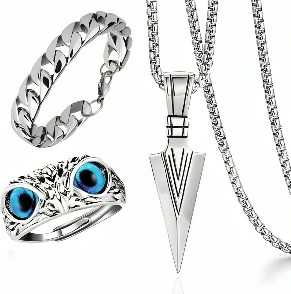 rv jewels Men Arrow Locket & Owl Ring & Silver Bracelets pack of 3 item Stainless Steel Chain-picture-16