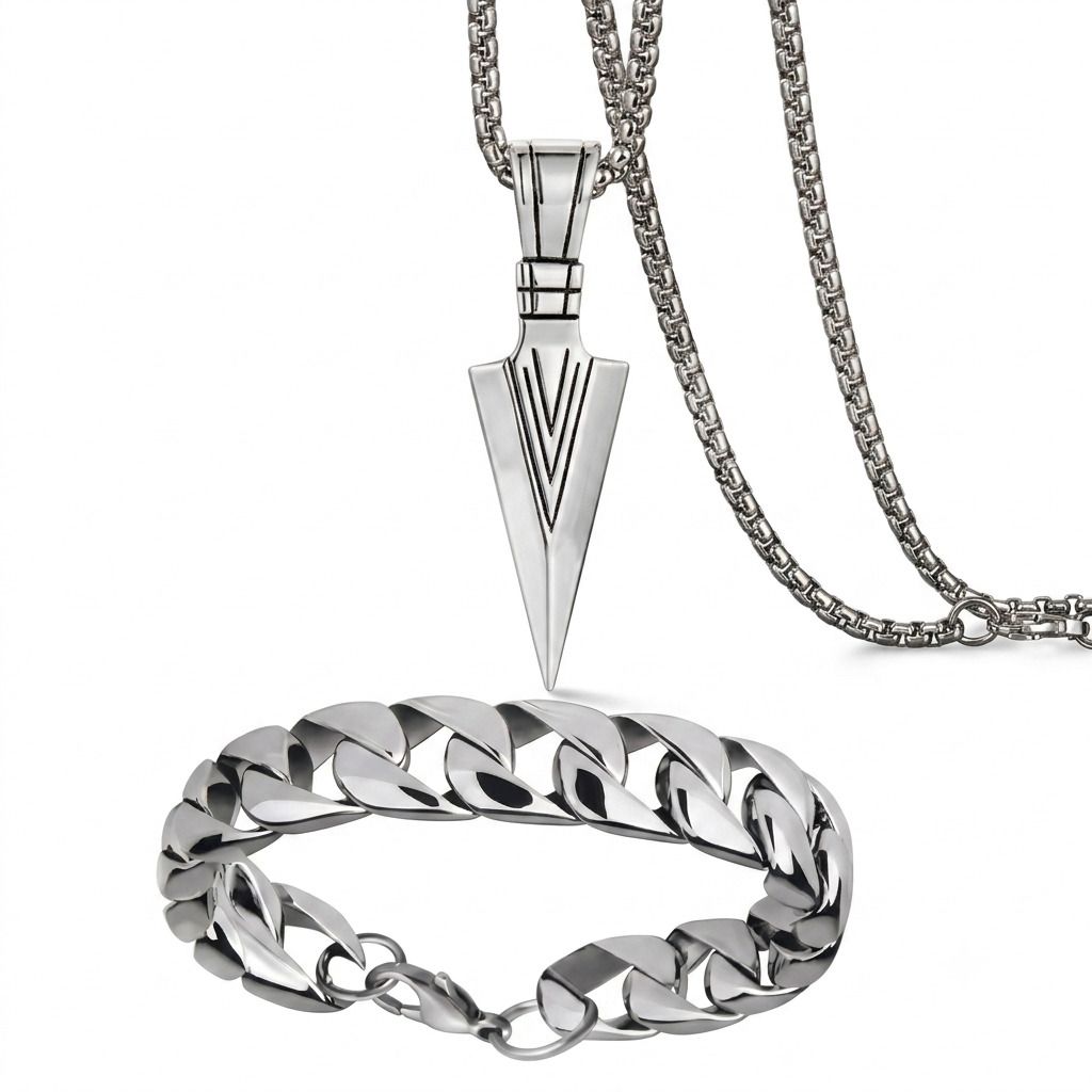 growola Men's Fashion Jewellery Combo | Arrow Pendant Chain & Cubalink Bracelet Set for Silver, Rhodium Plated Silver, Alloy, Stainless Steel Chain-picture-14
