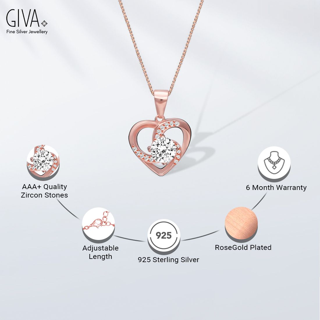 giva 925 Rose Gold Swirl Heart Pendant with Link Chain & 925 stamped Cubic Zirconia Rhodium Plated Sterling Silver Necklace-picture-11