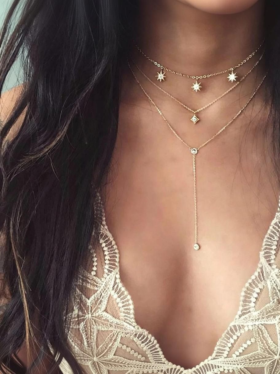 Three Layered Star Studs Pendant Necklace For Ladies Gold-plated Plated Alloy Necklace-image-5