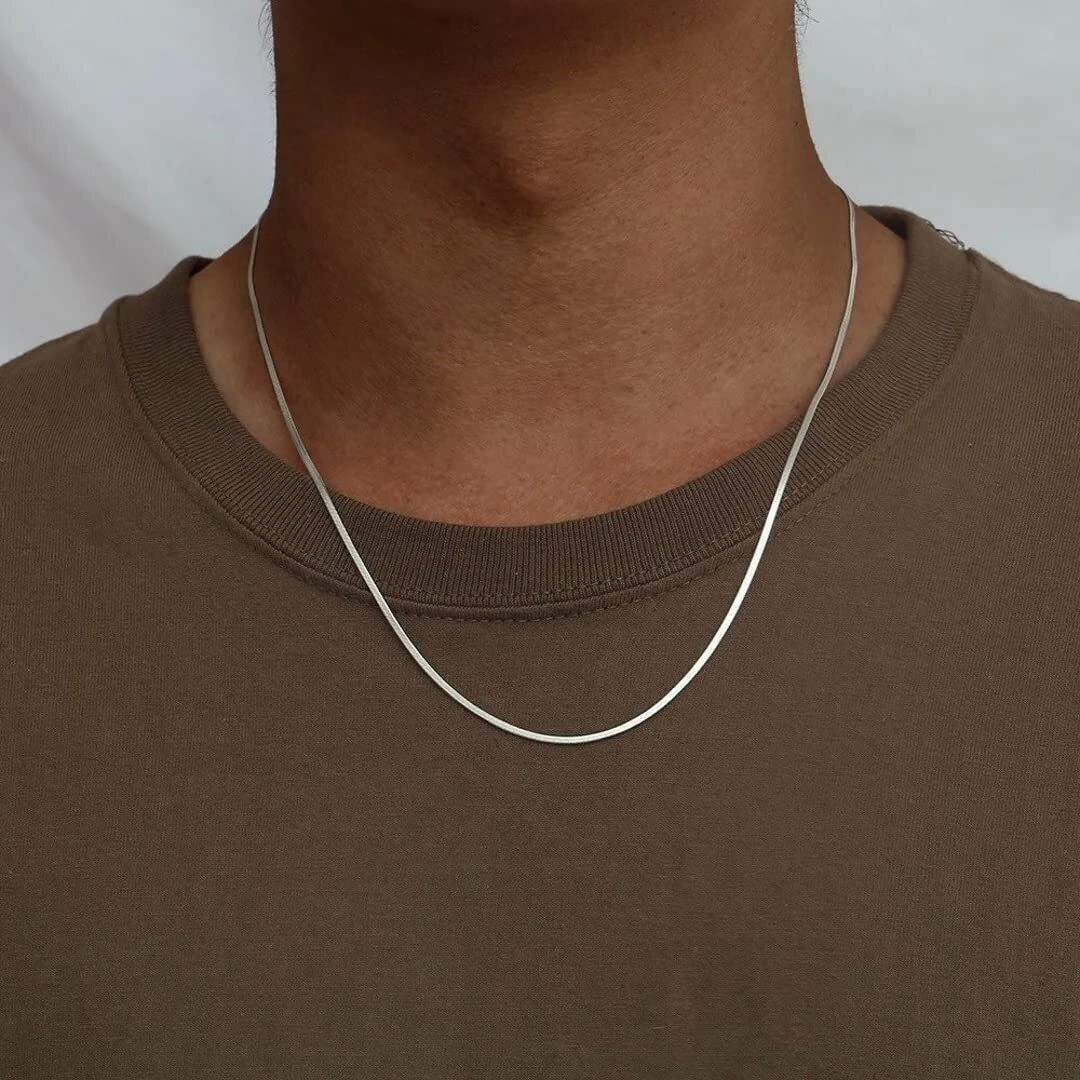 vama Stainless steel Herringbone Flat Snack Above Chest Neck Chain Necklace (2mm) Silver Plated Metal Necklace-picture-6