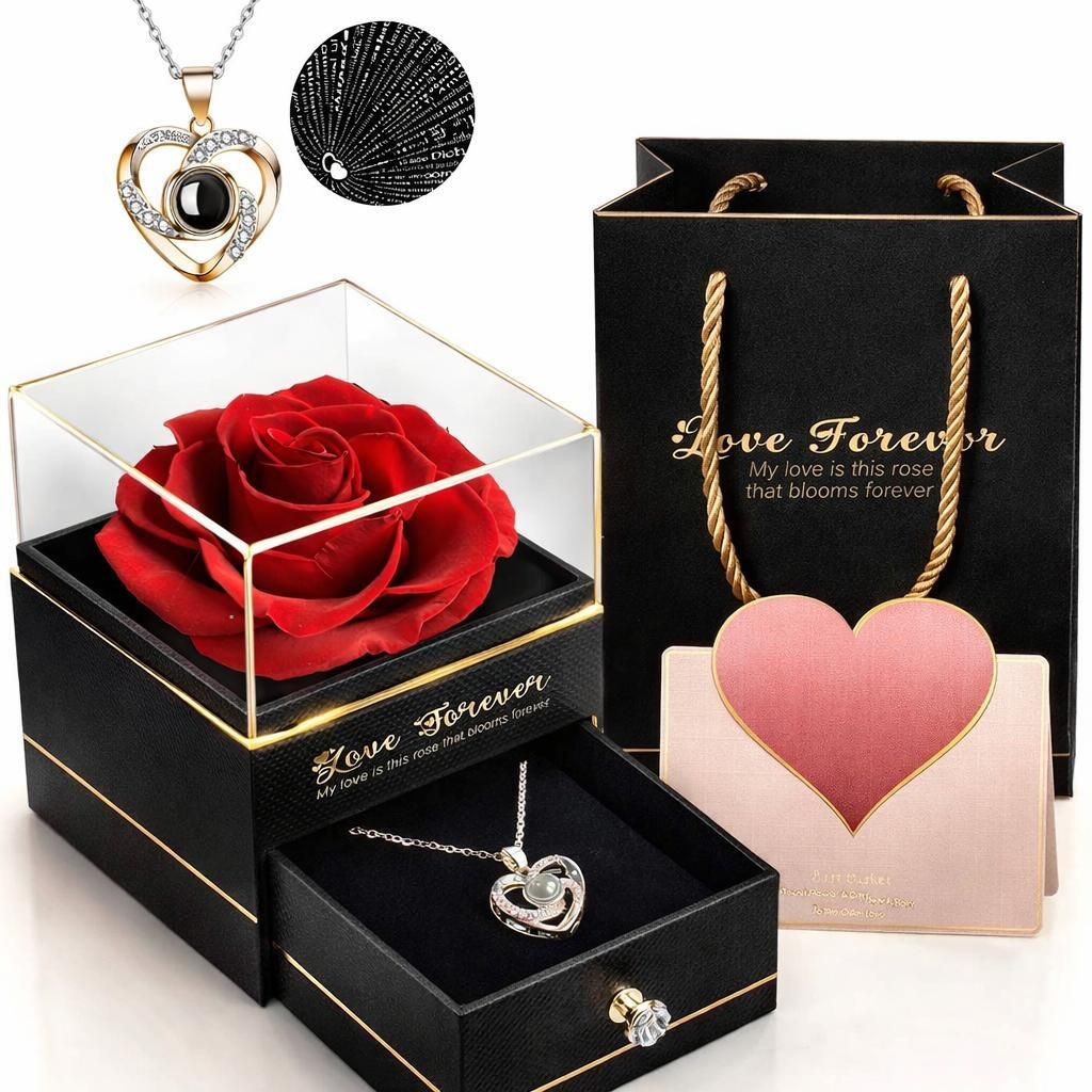 Eternal Rose Gift Box with Heart Necklace,Valentine, Birthday Surprise N95 Moissanite Silver Plated Silver Necklace Set-image-7