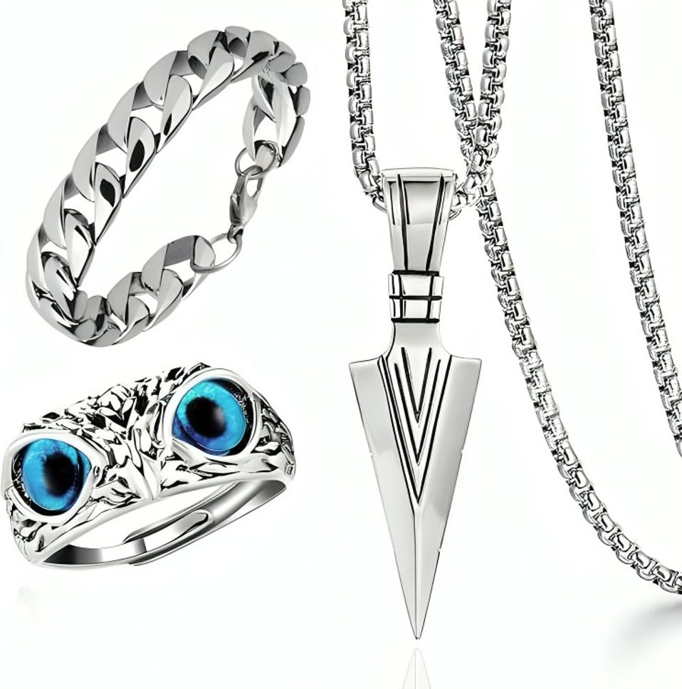 Men Arrow Locket & Owl Ring & Silver Bracelets pack of 3 item Silver Plated Stainless Steel Chain