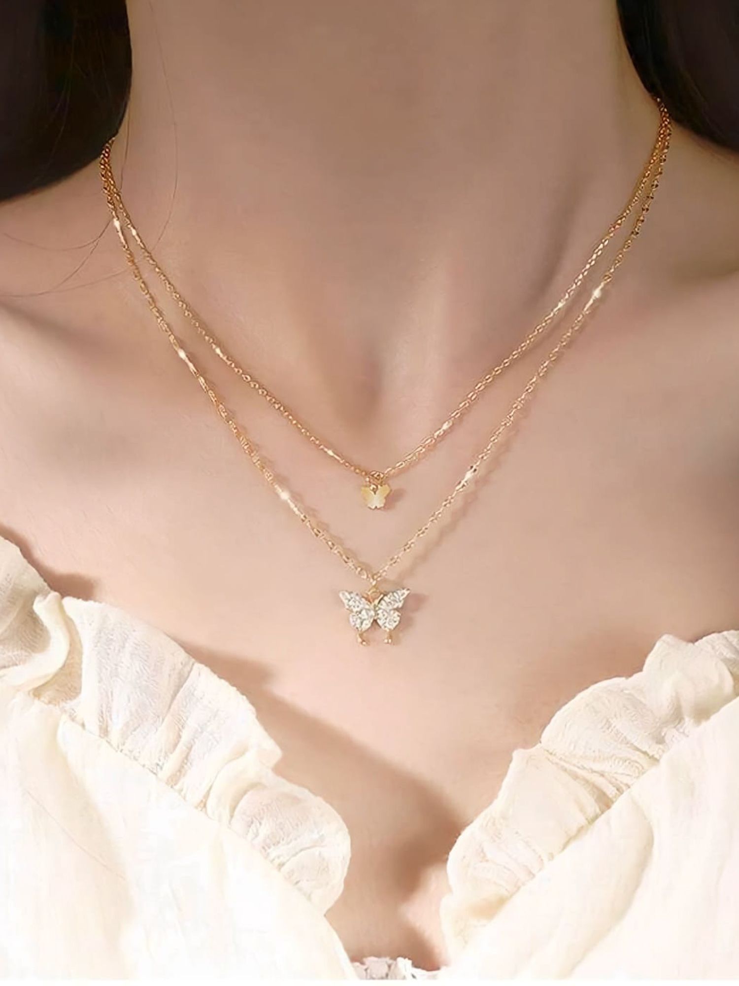 Trendy Korean Rose Gold Plated Double Layer Butterfly Neckchain Zircon Gold-plated Plated Alloy Chain-image-11
