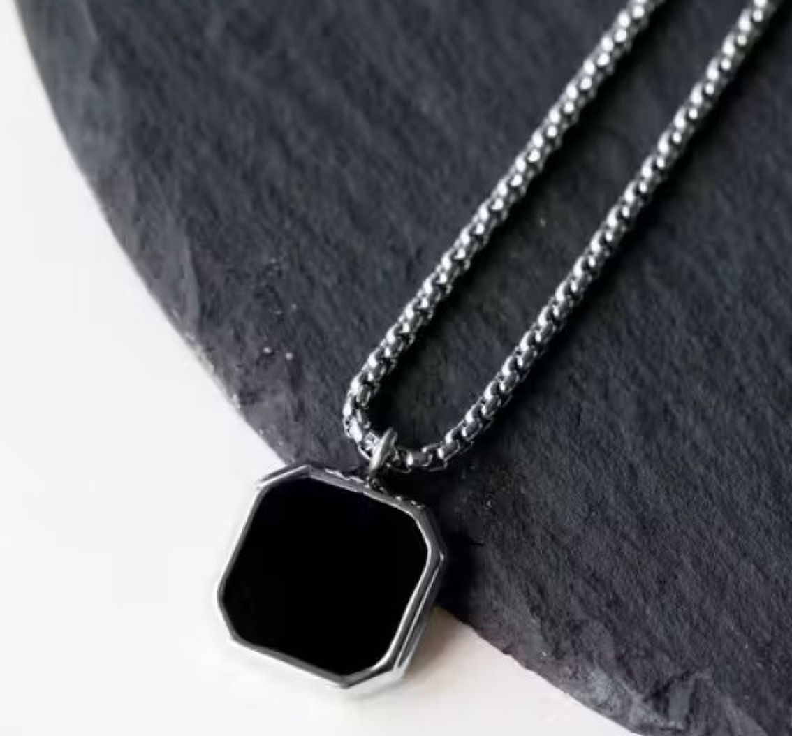 Silver Stainless Steel Funky Black Square Mens Necklace Perfect For Dailywear Silver Plated Alloy Necklace-image-3