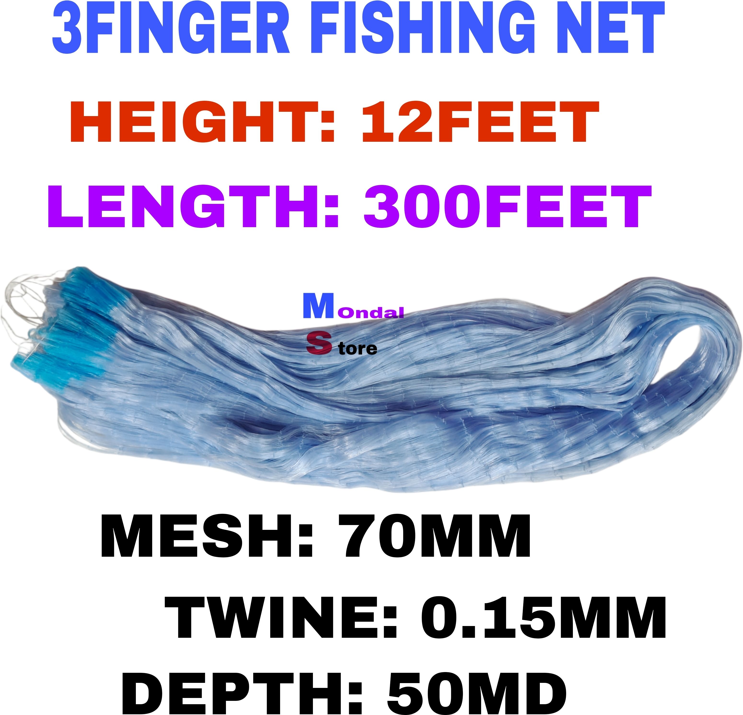 3 Finger China Fishing Net 70mm Mesh 300ft x 12ft | 0.15mm Twine 50MD Depth Fishing Net-image-41