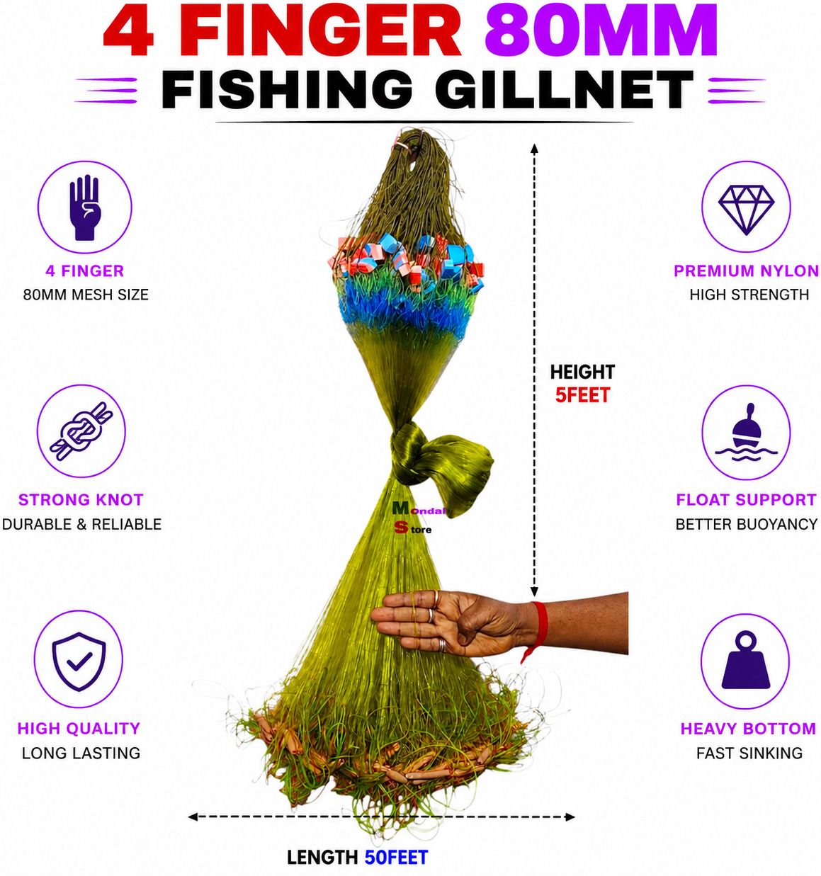 mondal store Fishing Net 4 Finger 80MM Color Nylon Gill Net 5FT x 50FT Fishing Net-picture-14