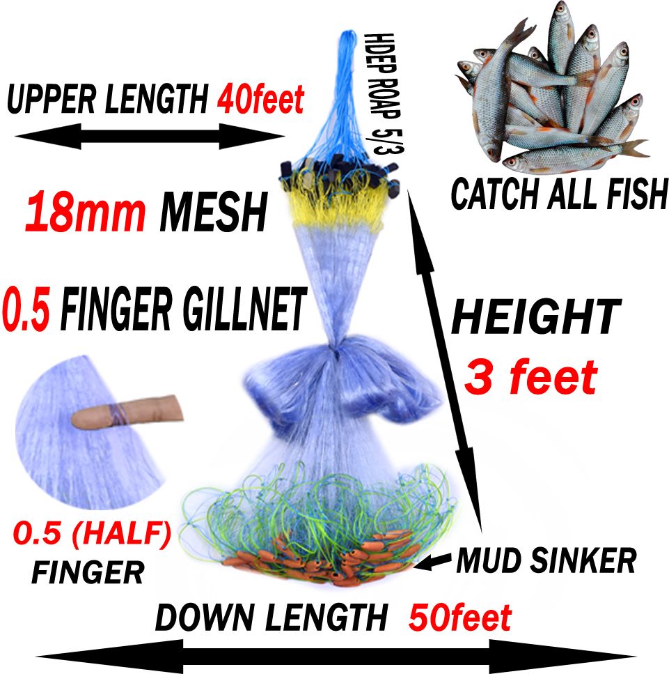 0.5(HALF)FINGER 18mm GILLNET,HEIGHT-3feet,UP LENGHT- 40feet,DOWN LENGHT-50feet Fishing Net-image-35