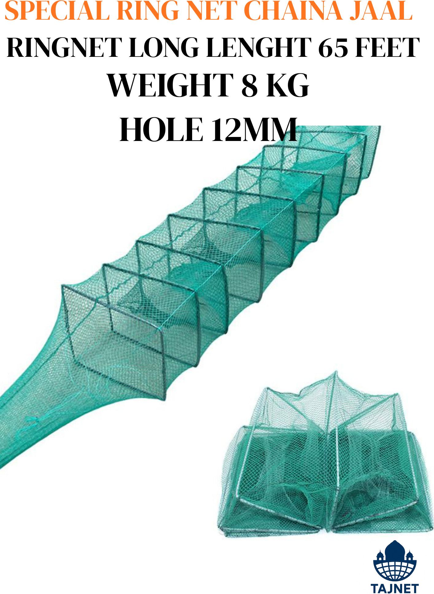 Special Ring Net Chaina Jaal 65Ft Long 12mm Mesh Fishing Net 8.5Kg with 51 Rings Fishing Net-image-27