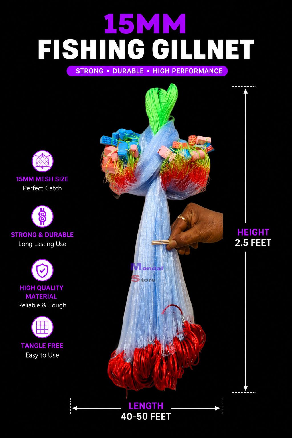 Sisha Jal 15MM Nylon Fishing Net Lead Sinker Gill Net 2.5FT Fishing Net-image-35
