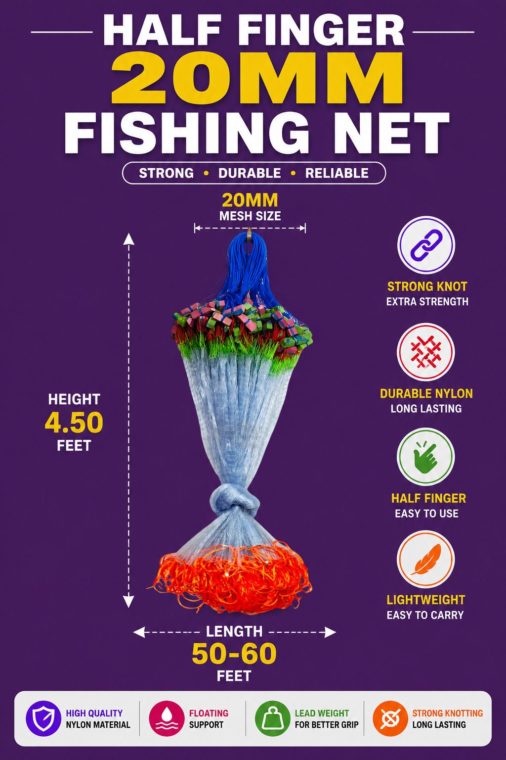 Lake Fishing Net 20MM Half Finger Nylon Fish Catching Gill Net Fishing Net-image-43