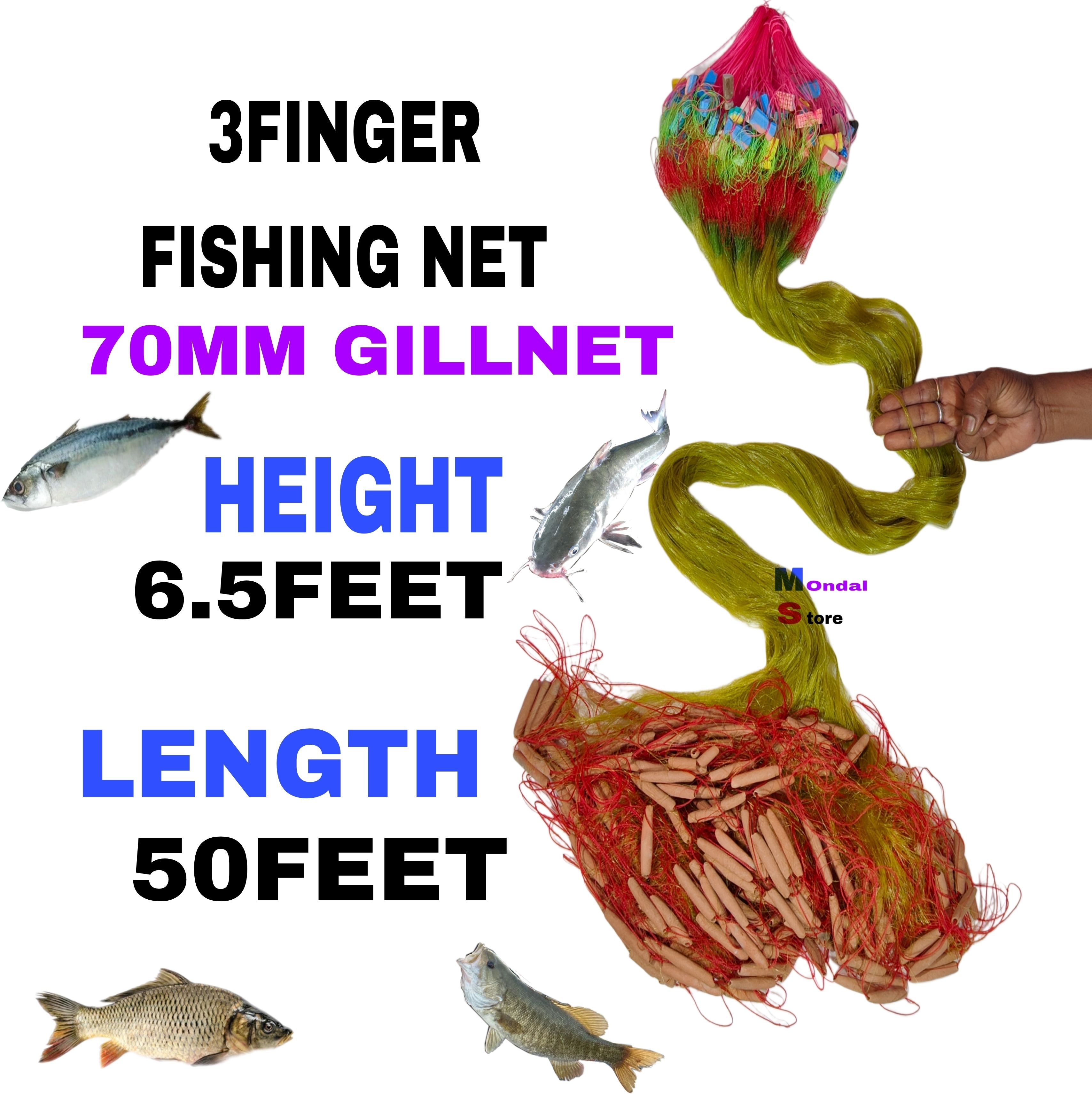 3 Finger Gill Fishing Net | 70mm Mesh | Mud Sinker | 6.5ft x 50ft Nylon Fishing Net-image-16