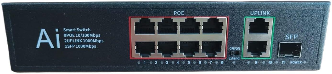HANUTECH 8 Port 10/100 PoE+ CCTV Switch 96W, Dual Gigabit Uplink, 1G SFP 8 Ports 100 Mbps Unmanaged Network Switch-image-23