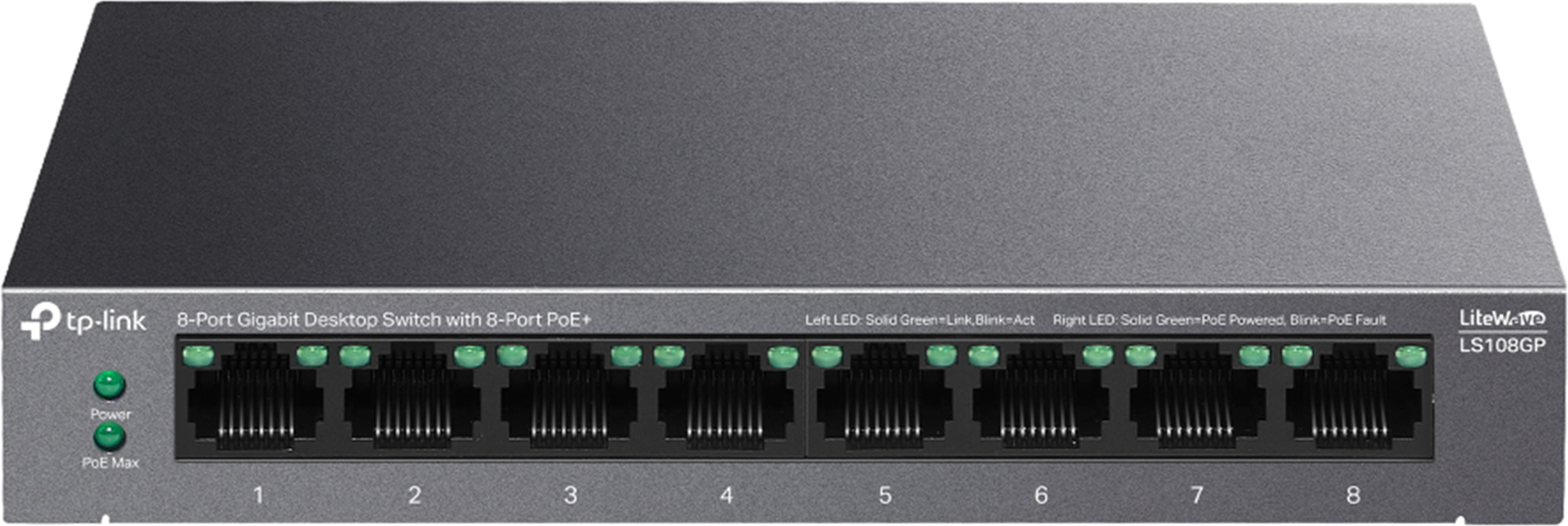 TP-Link LS108GP Gigabit Desktop Switch with 8-Port PoE+ upto 16 Gbps switching capacity. 8 Ports 1000 Mbps Network Switch