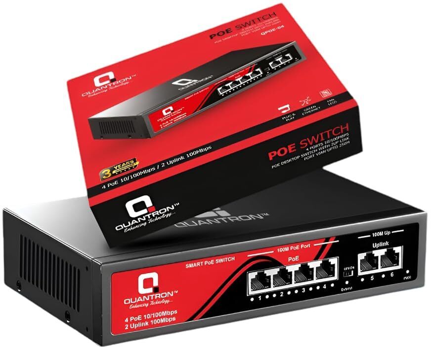 Quantron QPOE -04 POE SWITCH, 4PORT +2 UPLINK DESKTOP SWITCH. 4 Ports 100 Mbps Unmanaged Network Switch