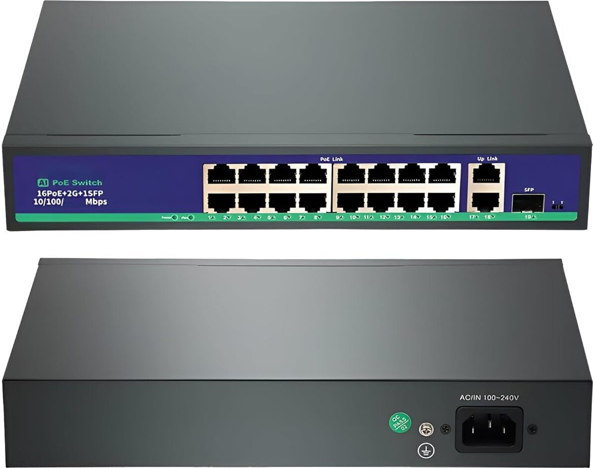 HANUTECH 16 Port PoE Switch 250W Unmanaged 10/100Mbps + 2 Gigabit Uplink + 1 SFP 1 Ports 100 Mbps Unmanaged Network Switch-image-46