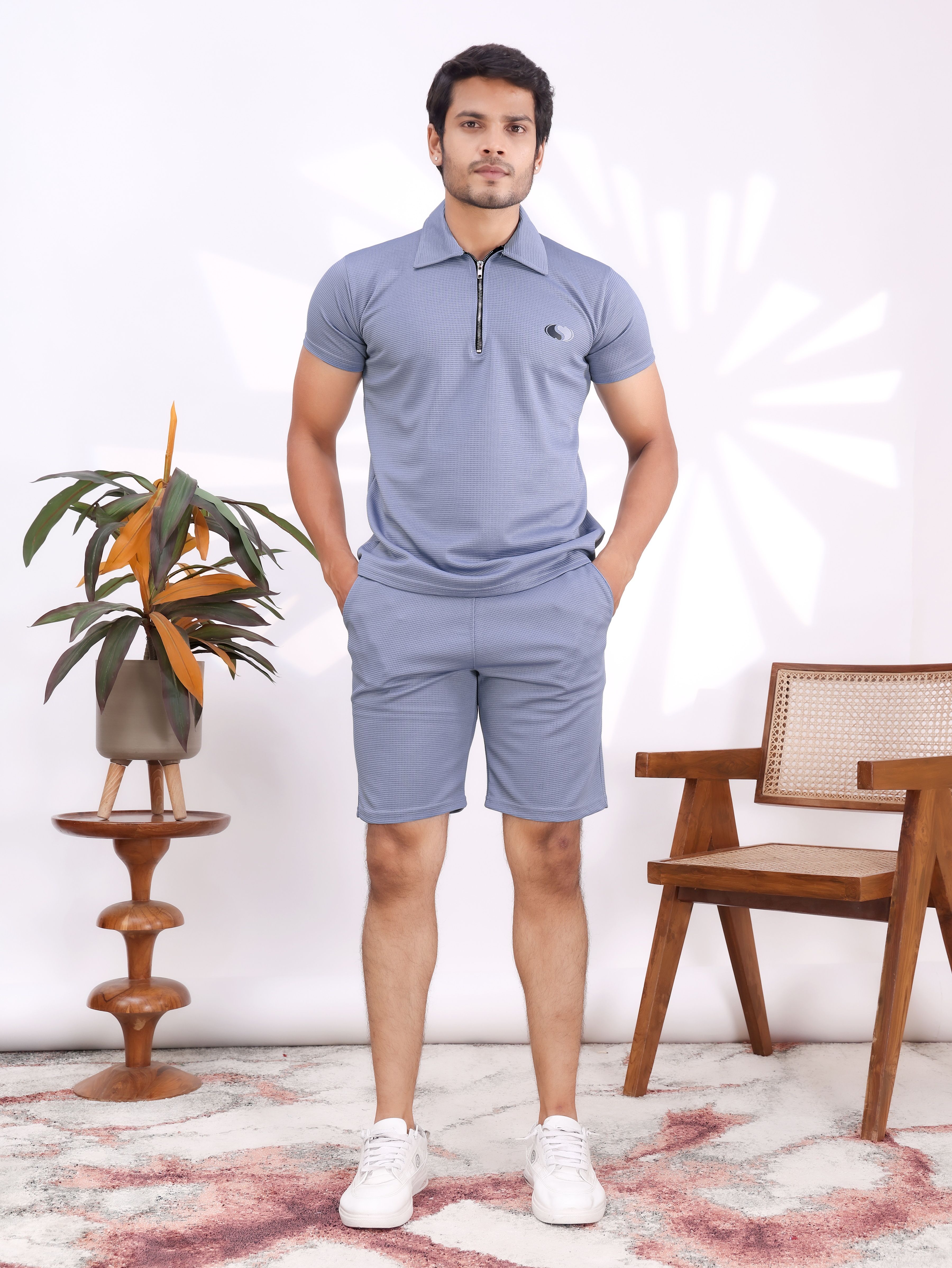 Men Top & Shorts Set Light Blue Self Design-image-48