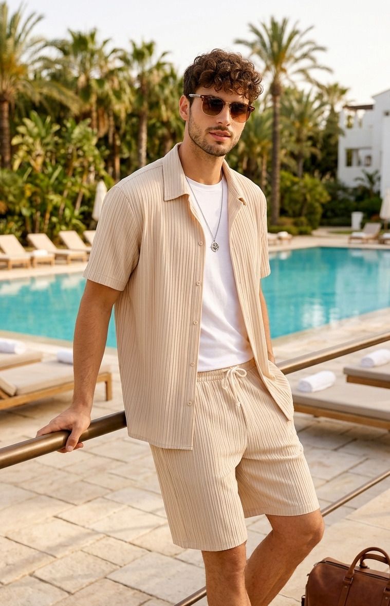 coollinen Men Top & Shorts Set Beige Self Design-picture-22