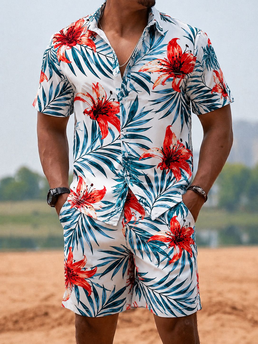 Men Top & Shorts Set Multicolor, Light Blue Floral Print-image-25