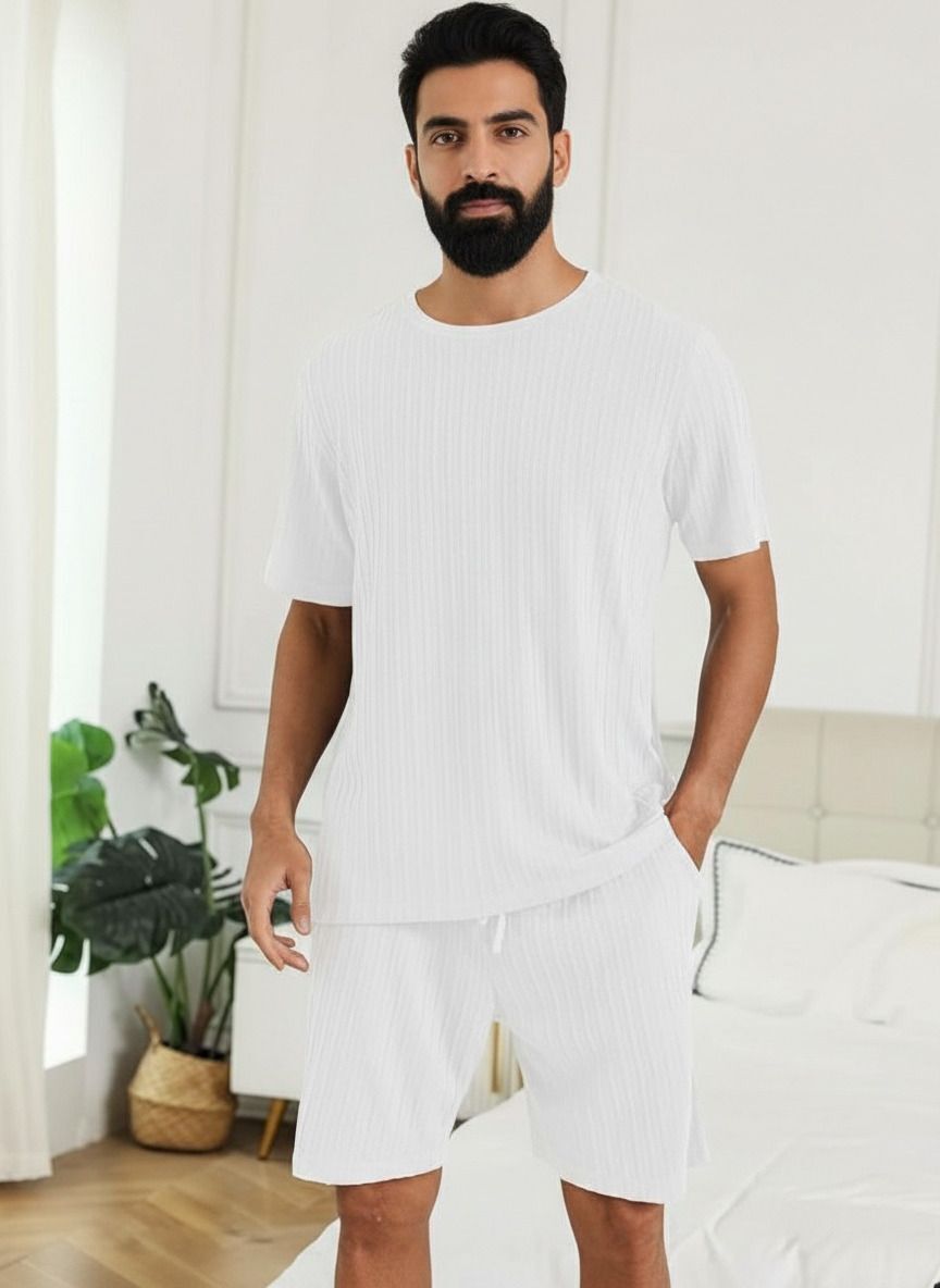 Men Top & Shorts Set White Striped