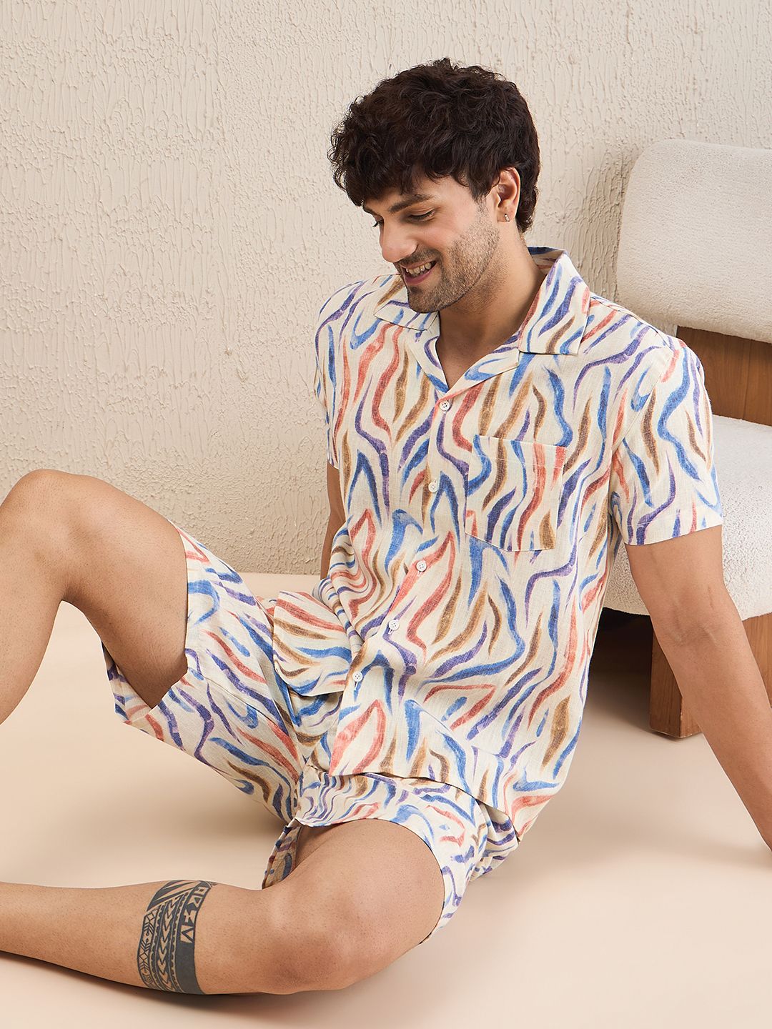 sweet dreams Men Top & Shorts Set Beige Printed-picture-10