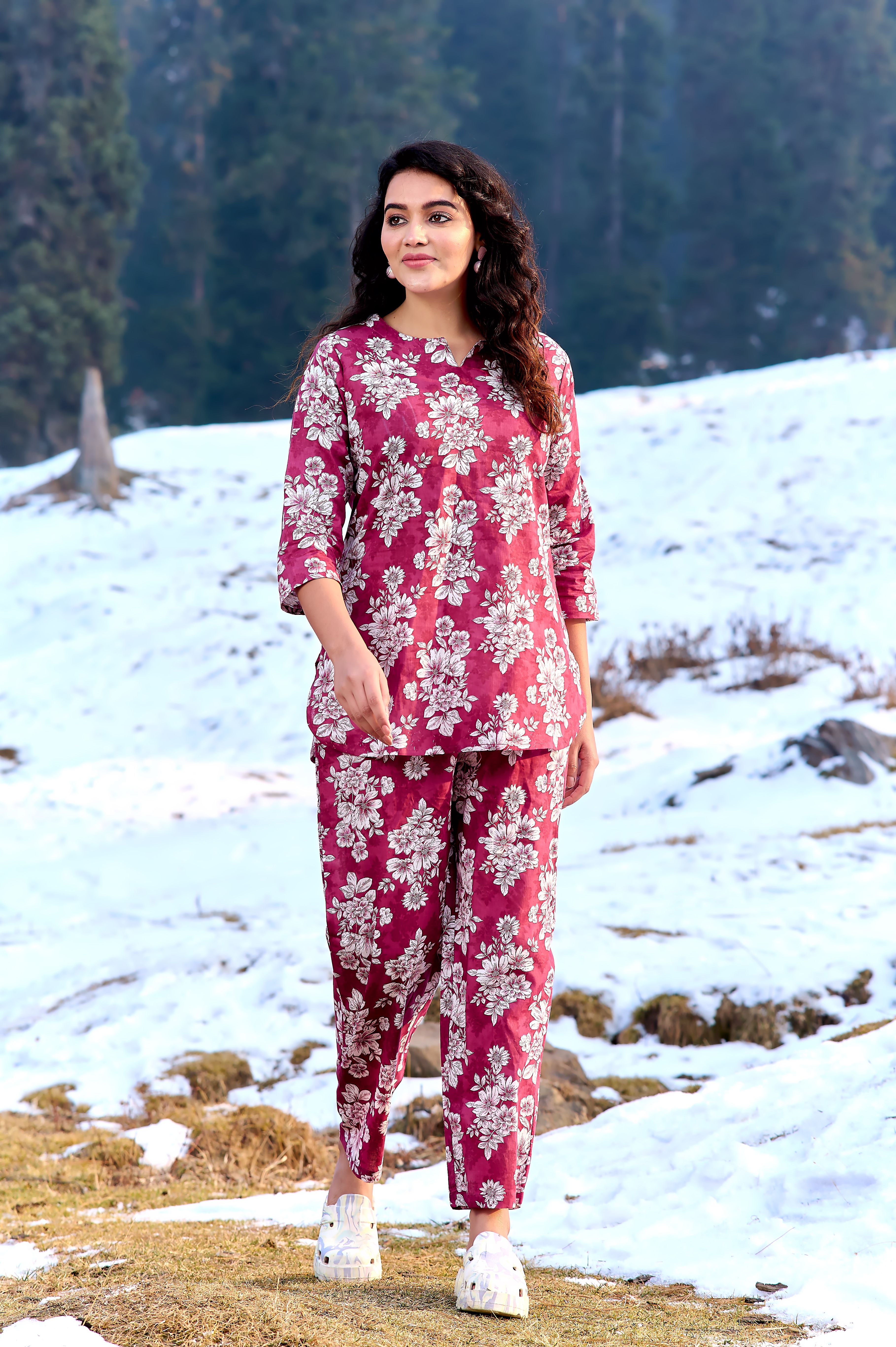 Women Night Suit Set Maroon Printed