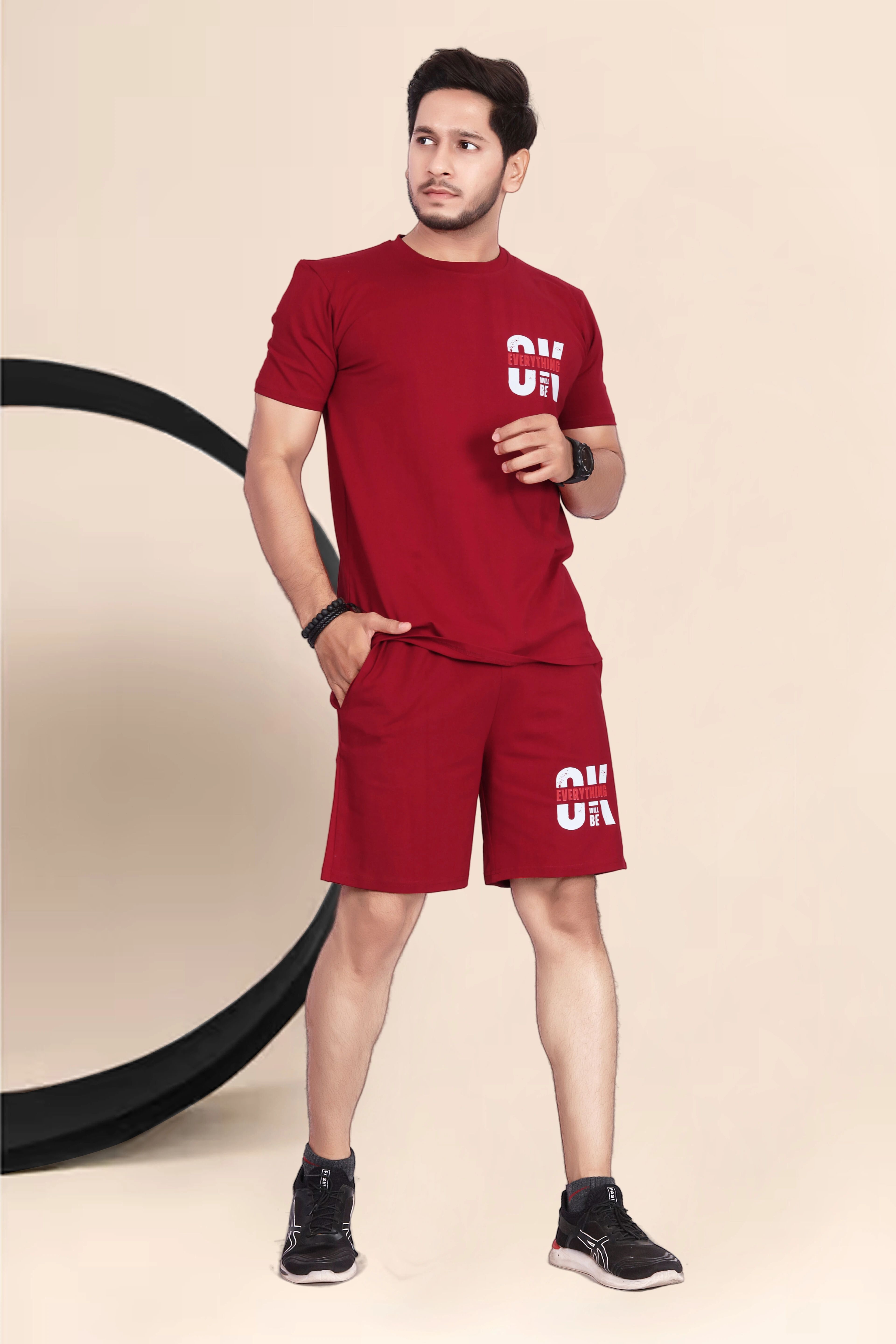 Men Top & Shorts Set Maroon Printed-image-41