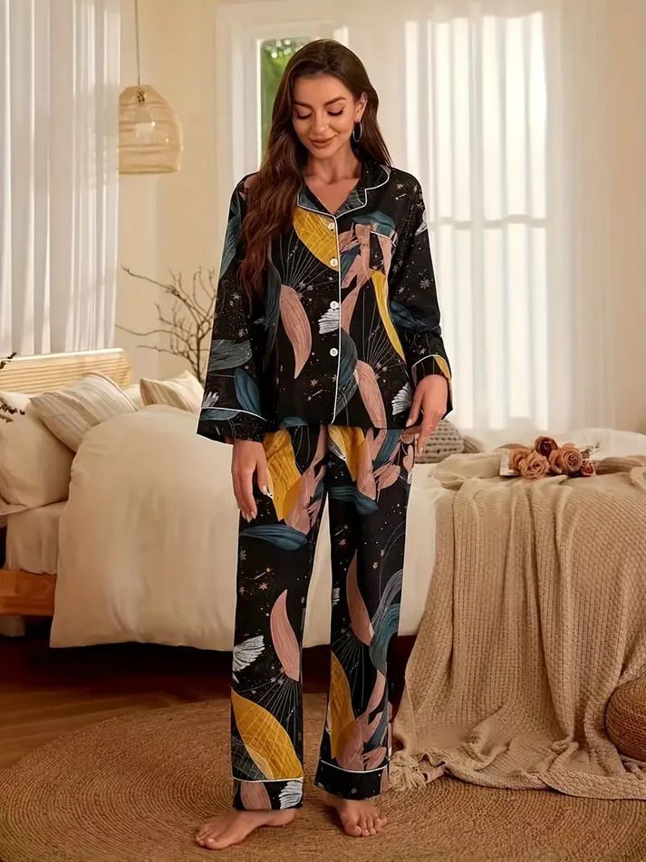 Women Night Suit Set Black Printed