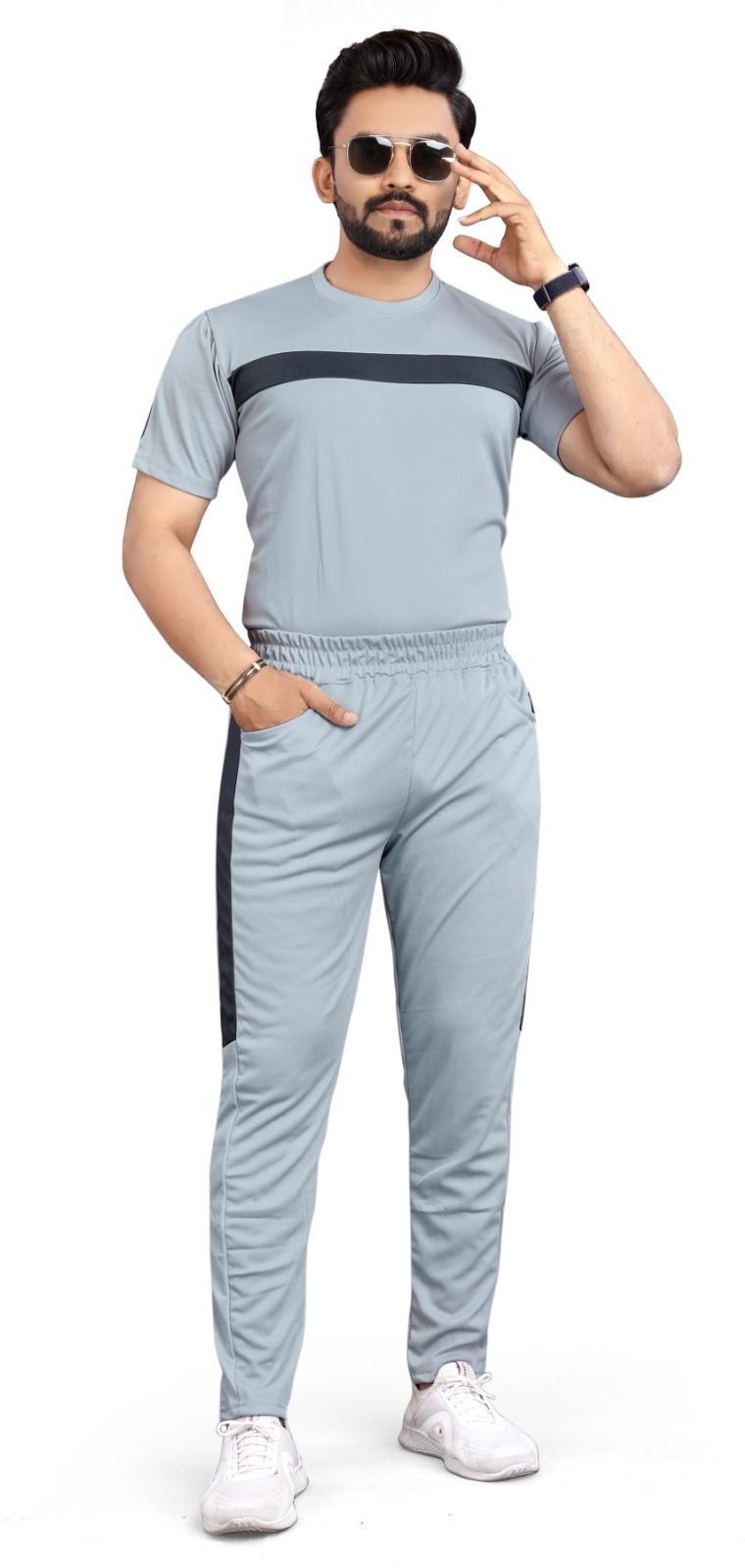Men Top & Pyjama Set Grey, Black Colorblock-image-30