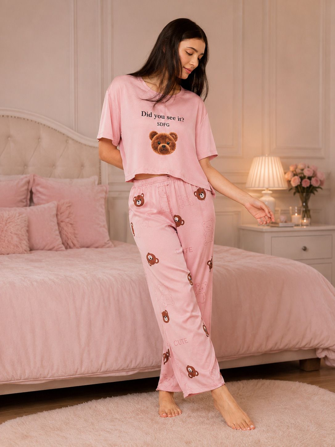 Women Top & Pyjama Set Pink Checkered, Printed-image-3